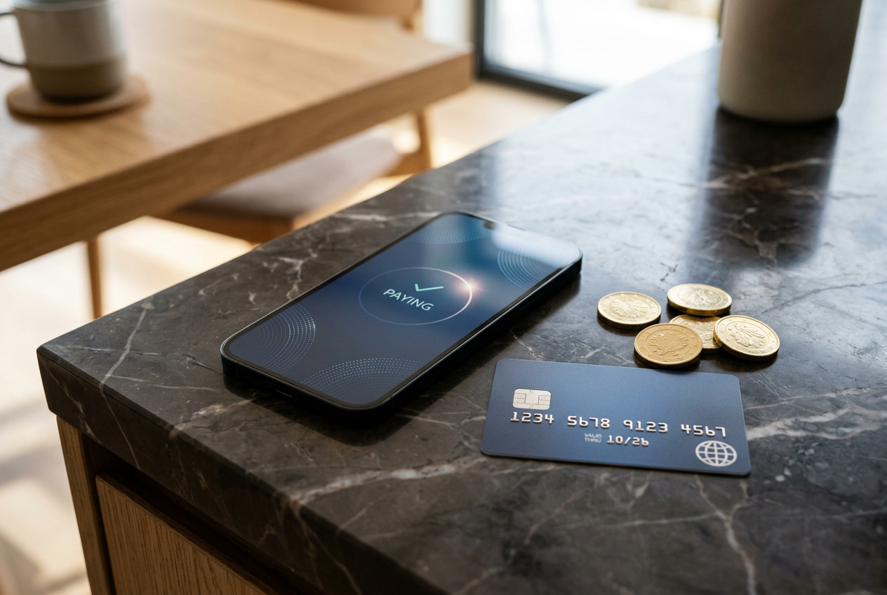 Smartfón a platobná karta na stole znázorňujúce moderné a bezpečné platobné metódy v online kasíne.